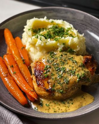 Picture of Crispy Herb Chicken Thighs with Honey-Roasted Carrots & Garlic Smashed Potatoes